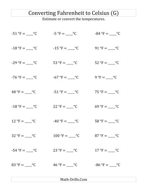 The Converting Fahrenheit to Celsius with Negative Values (G) Math Worksheet
