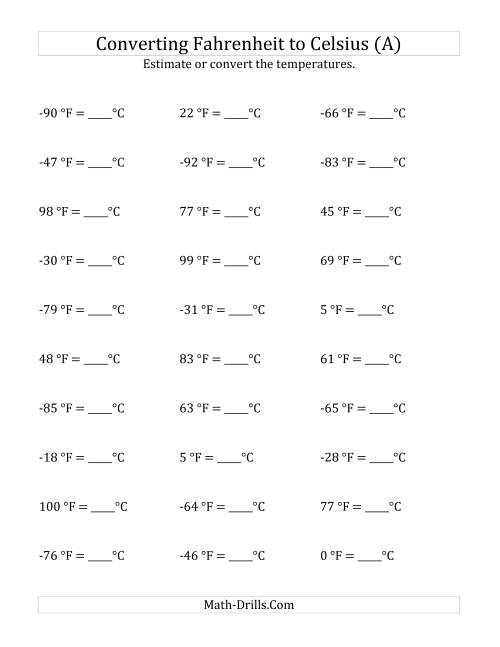 The Converting Fahrenheit to Celsius with Negative Values (All) Math Worksheet