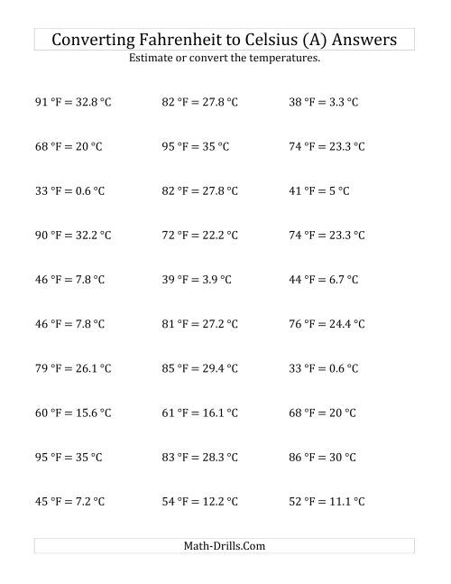 The Converting Fahrenheit to Celsius with No Negative Values (A) Math Worksheet Page 2
