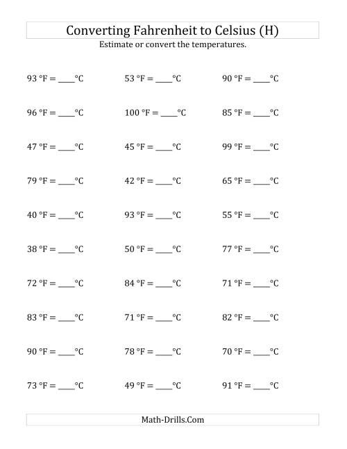 The Converting Fahrenheit to Celsius with No Negative Values (H) Math Worksheet