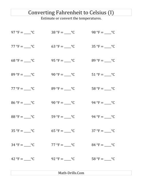 The Converting Fahrenheit to Celsius with No Negative Values (I) Math Worksheet