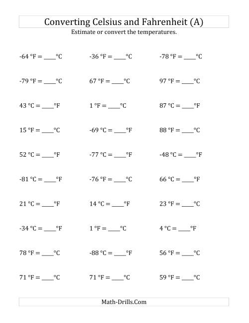 The Converting Between Fahrenheit and Celsius with Negative Values (A) Math Worksheet