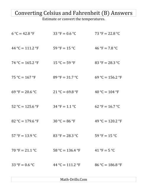 The Converting Between Fahrenheit and Celsius with No Negative Values (B) Math Worksheet Page 2