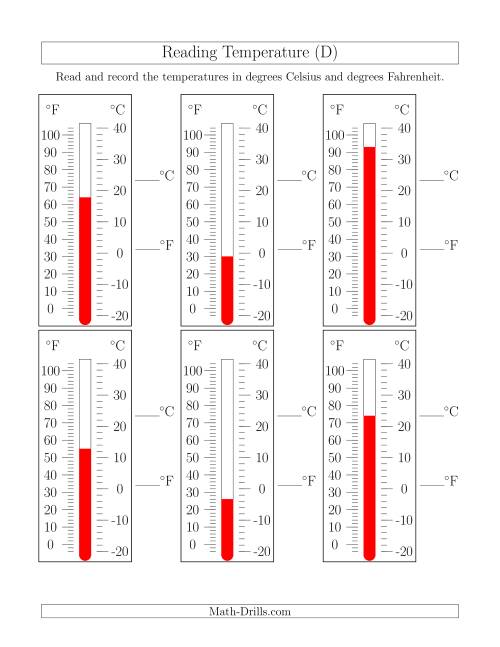 The Reading Temperatures from Thermometers (D) Math Worksheet