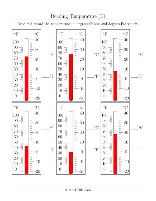 The Reading Temperatures from Thermometers (E) Math Worksheet