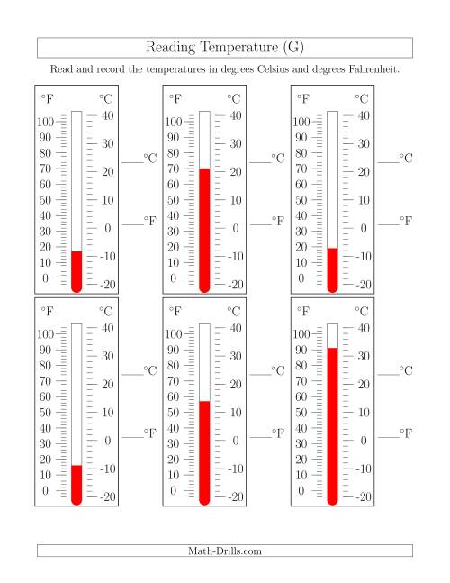 The Reading Temperatures from Thermometers (G) Math Worksheet