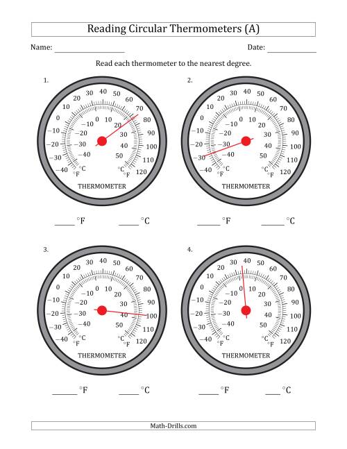 The Reading Temperatures from Circular Thermometers (Fahrenheit Dominant) (A) Math Worksheet