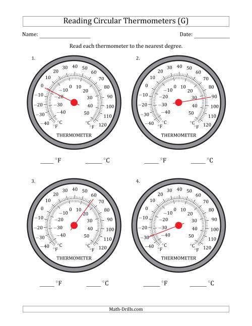 The Reading Temperatures from Circular Thermometers (Fahrenheit Dominant) (G) Math Worksheet