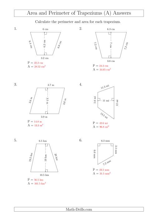 The Calculating Area and Perimeter of Trapeziums (Smaller Numbers) (A) Math Worksheet Page 2