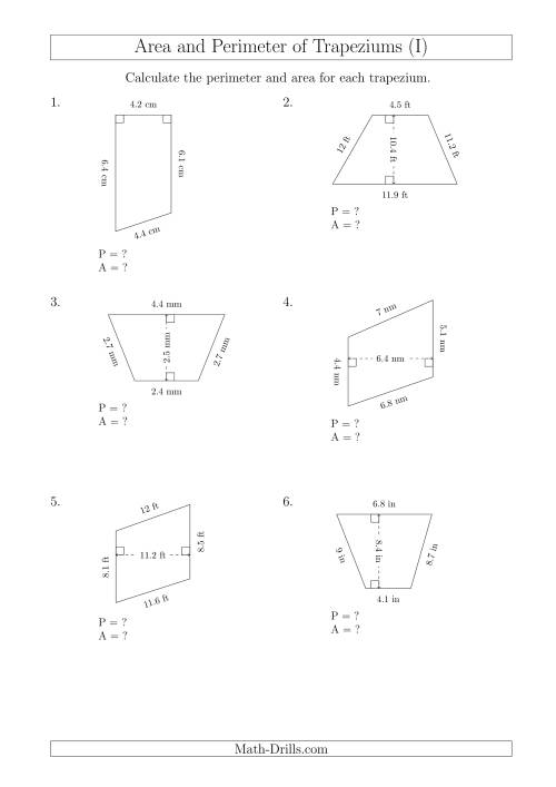 The Calculating Area and Perimeter of Trapeziums (Smaller Numbers) (I) Math Worksheet