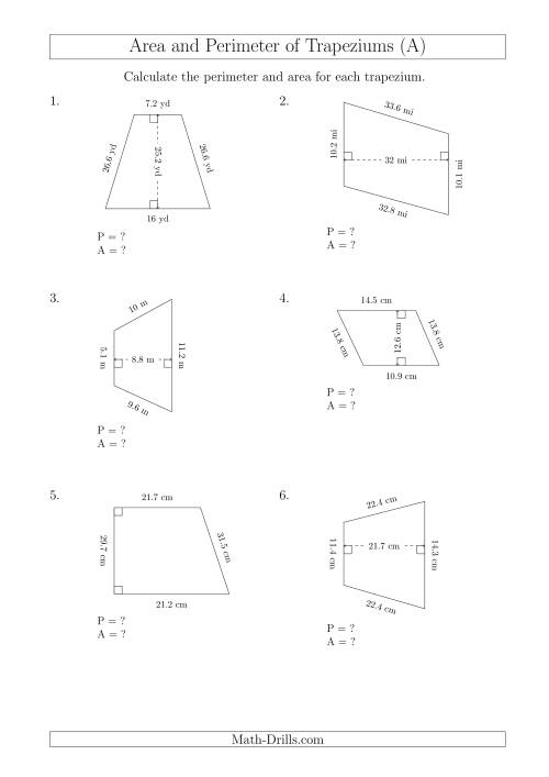 The Calculating Area and Perimeter of Trapeziums (Larger Numbers) (A) Math Worksheet