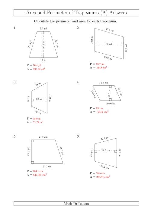 The Calculating Area and Perimeter of Trapeziums (Larger Numbers) (A) Math Worksheet Page 2