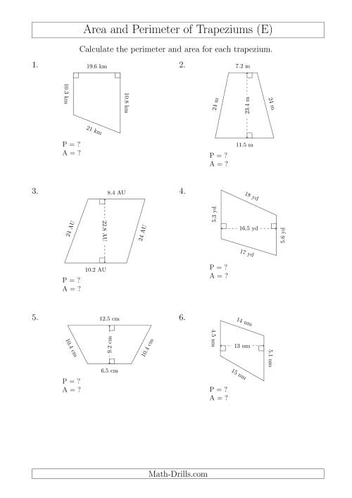 The Calculating Area and Perimeter of Trapeziums (Larger Numbers) (E) Math Worksheet