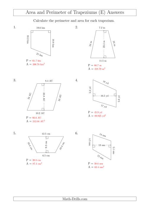 The Calculating Area and Perimeter of Trapeziums (Larger Numbers) (E) Math Worksheet Page 2