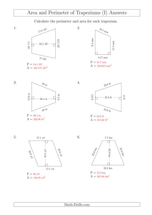 The Calculating Area and Perimeter of Trapeziums (Larger Numbers) (I) Math Worksheet Page 2