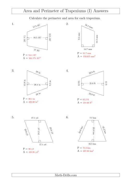 Calculating Area and Perimeter of Trapeziums (Larger Numbers) (I)