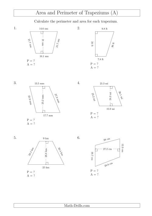 The Calculating Area and Perimeter of Trapeziums (Even Larger Numbers) (A) Math Worksheet