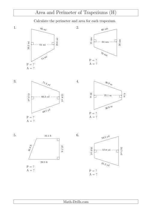 The Calculating Area and Perimeter of Trapeziums (Even Larger Numbers) (H) Math Worksheet