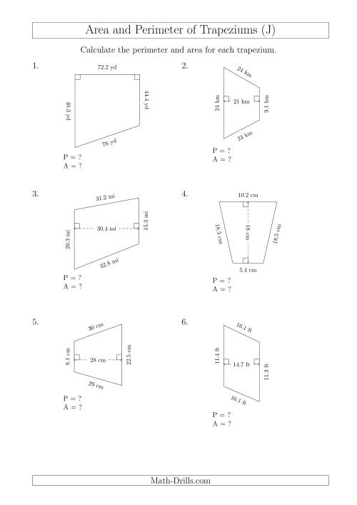 The Calculating Area and Perimeter of Trapeziums (Even Larger Numbers) (J) Math Worksheet