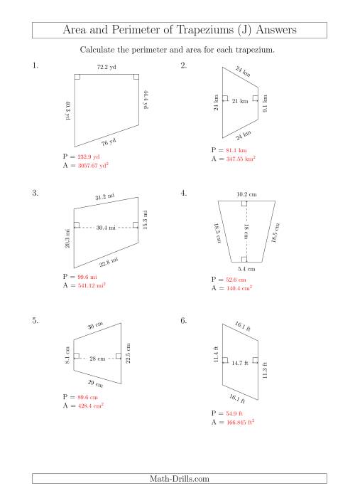 The Calculating Area and Perimeter of Trapeziums (Even Larger Numbers) (J) Math Worksheet Page 2