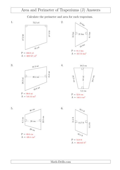 Calculating Area and Perimeter of Trapeziums (Even Larger Numbers) (J)