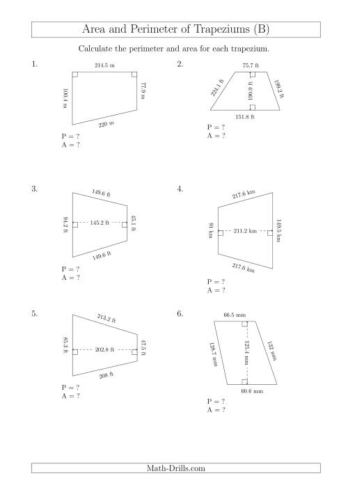 The Calculating Area and Perimeter of Trapeziums (Larger Still Numbers) (B) Math Worksheet