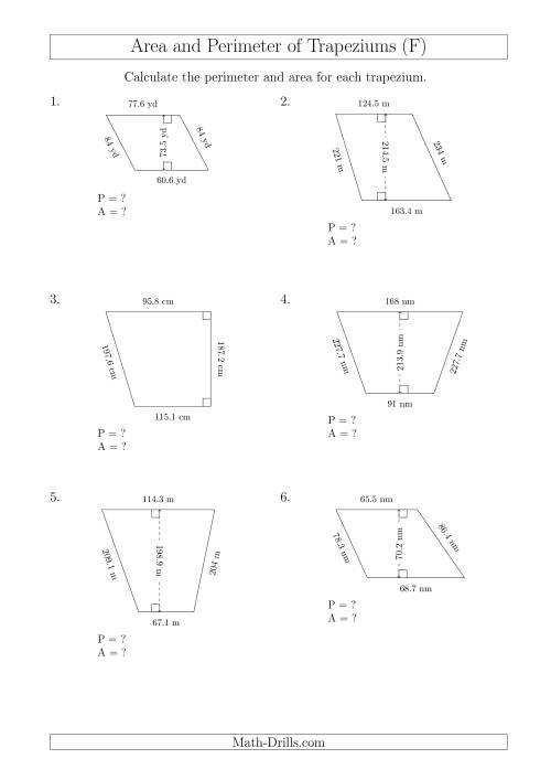 The Calculating Area and Perimeter of Trapeziums (Larger Still Numbers) (F) Math Worksheet
