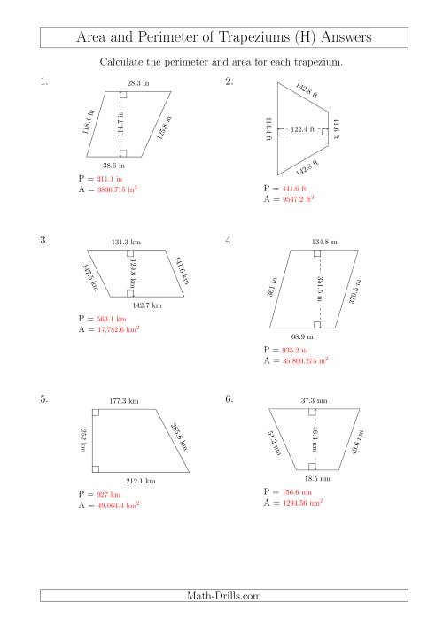 Calculating Area and Perimeter of Trapeziums (Larger Still Numbers) (H)