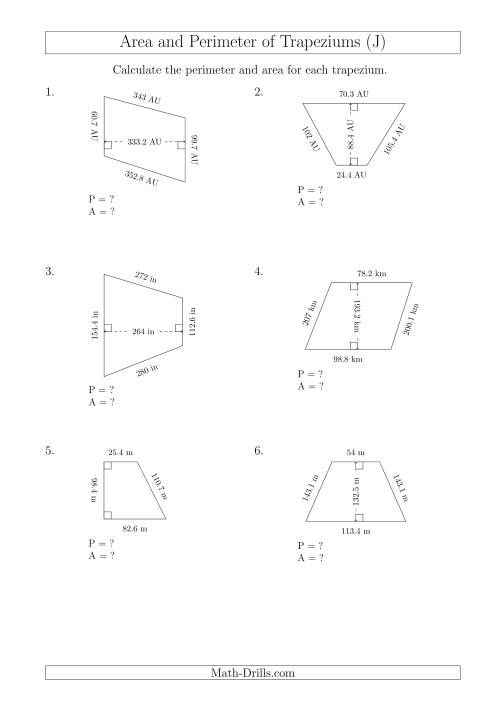 The Calculating Area and Perimeter of Trapeziums (Larger Still Numbers) (J) Math Worksheet