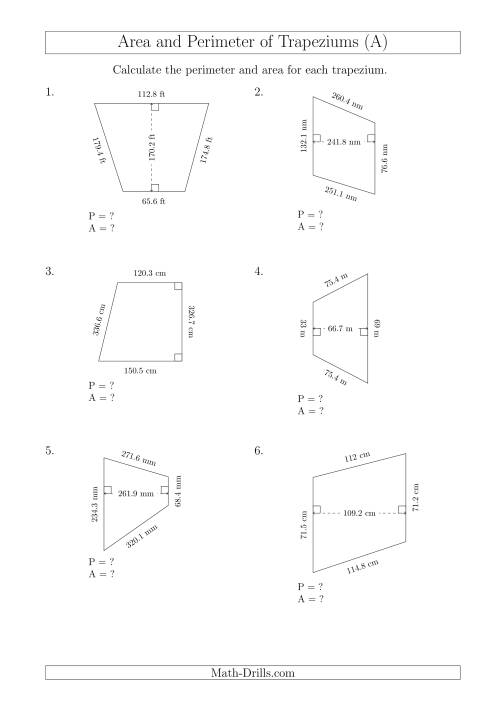 The Calculating Area and Perimeter of Trapeziums (Larger Still Numbers) (All) Math Worksheet