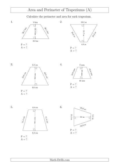 The Calculating Area and Perimeter of Isosceles Trapeziums (A) Math Worksheet