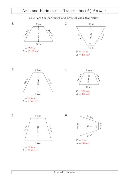 The Calculating Area and Perimeter of Isosceles Trapeziums (A) Math Worksheet Page 2