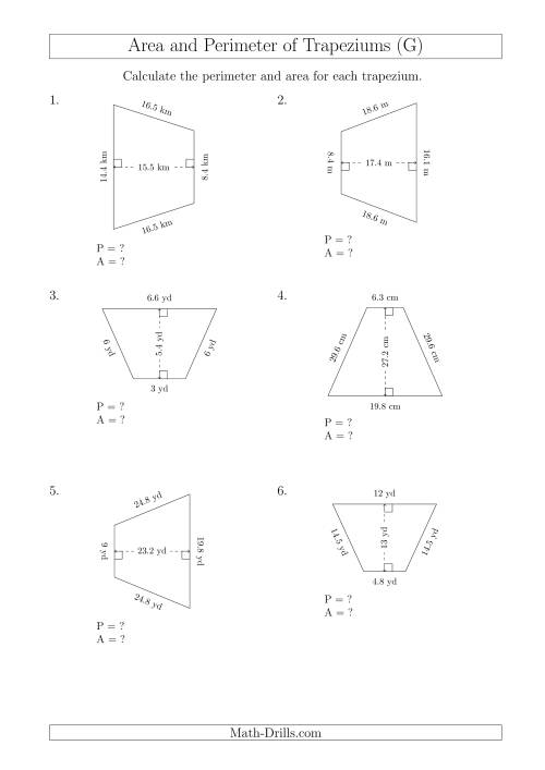 The Calculating Area and Perimeter of Isosceles Trapeziums (G) Math Worksheet