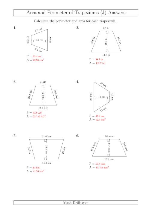 The Calculating Area and Perimeter of Isosceles Trapeziums (J) Math Worksheet Page 2