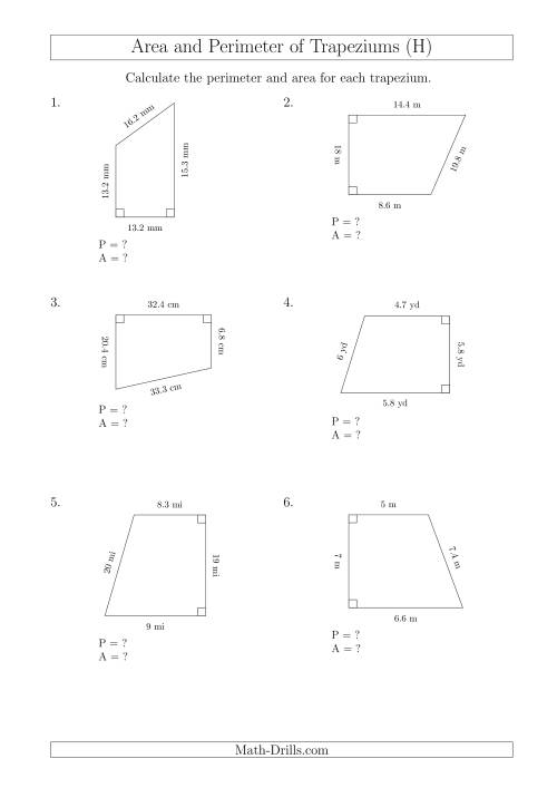 The Calculating Area and Perimeter of Right Trapeziums (H) Math Worksheet