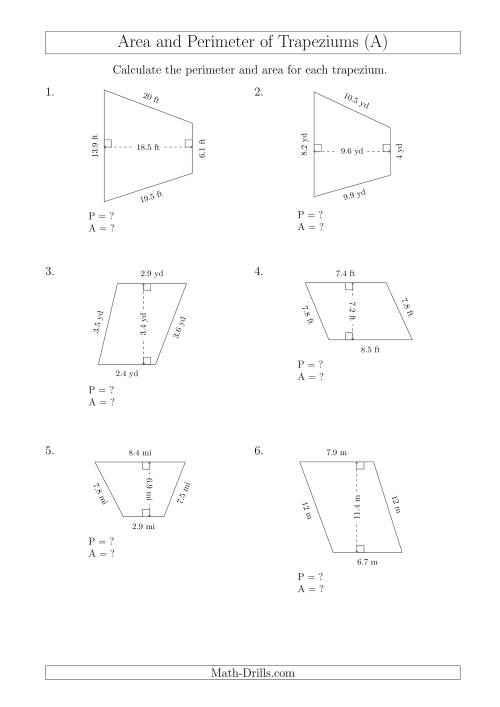 The Calculating Area and Perimeter of Scalene Trapeziums (A) Math Worksheet