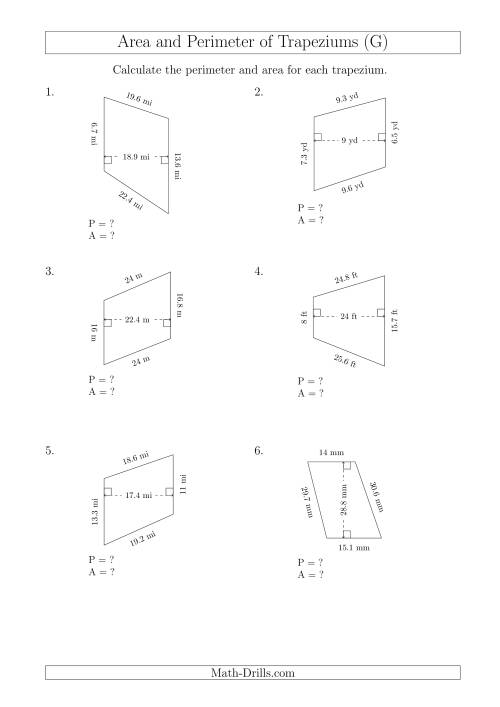 The Calculating Area and Perimeter of Scalene Trapeziums (G) Math Worksheet