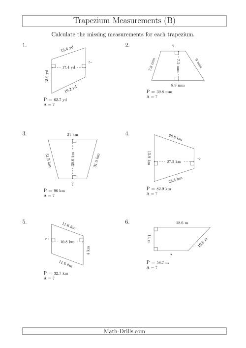 The Calculating Bases and Areas of Trapeziums (B) Math Worksheet