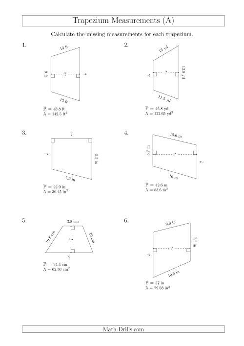The Calculating Bases and Heights of Trapeziums (A) Math Worksheet