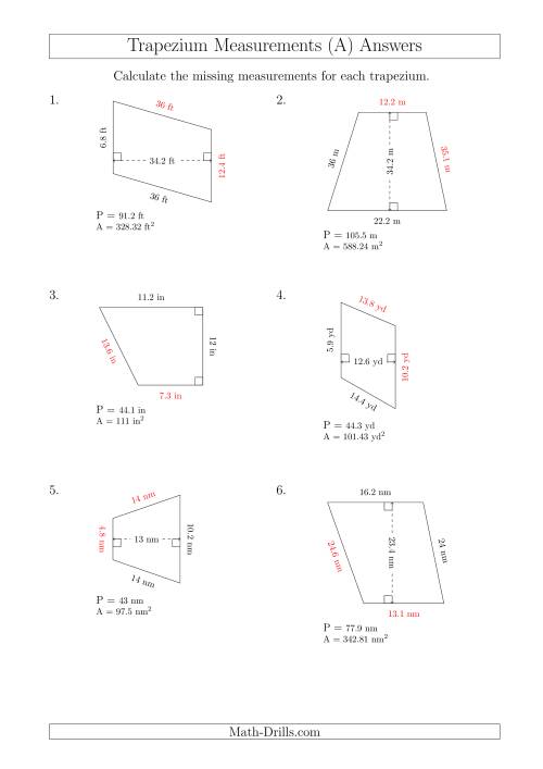 The Calculating Bases and Sides of Trapeziums (A) Math Worksheet Page 2