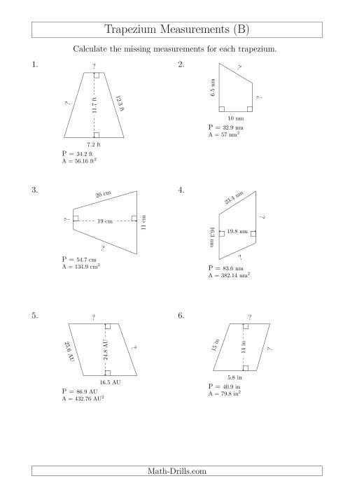The Calculating Bases and Sides of Trapeziums (B) Math Worksheet