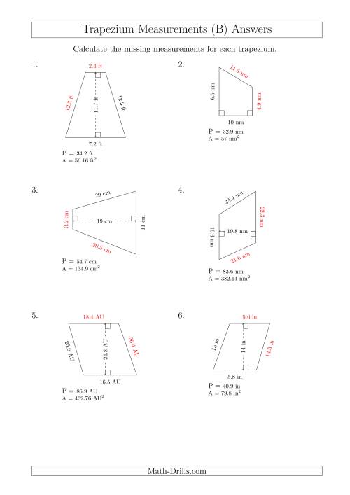 The Calculating Bases and Sides of Trapeziums (B) Math Worksheet Page 2