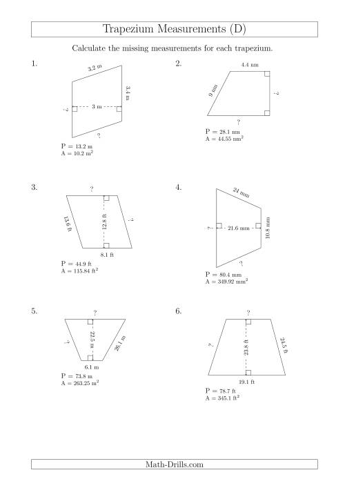 The Calculating Bases and Sides of Trapeziums (D) Math Worksheet