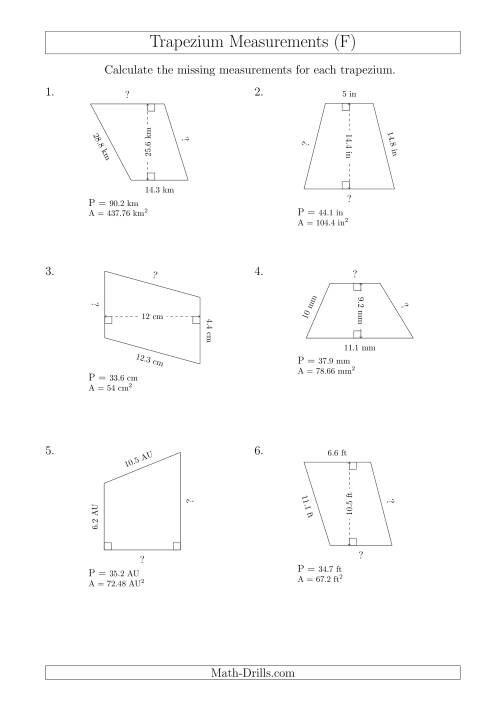 The Calculating Bases and Sides of Trapeziums (F) Math Worksheet