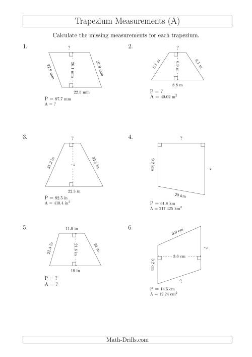 The Calculating Various Measurements of Trapeziums (A) Math Worksheet