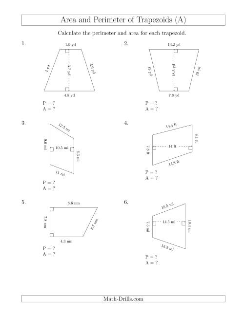 The Calculating the Perimeter and Area of Trapezoids (Smaller Numbers) (A) Math Worksheet
