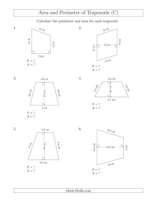 The Calculating the Perimeter and Area of Trapezoids (Smaller Numbers) (C) Math Worksheet