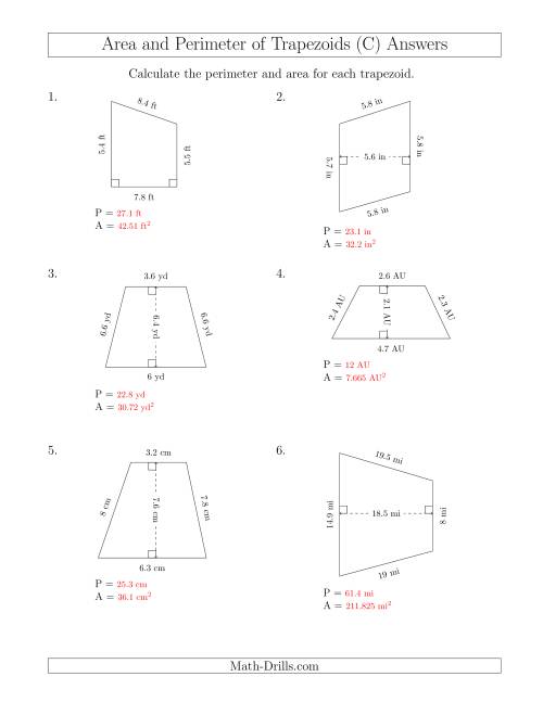 The Calculating the Perimeter and Area of Trapezoids (Smaller Numbers) (C) Math Worksheet Page 2