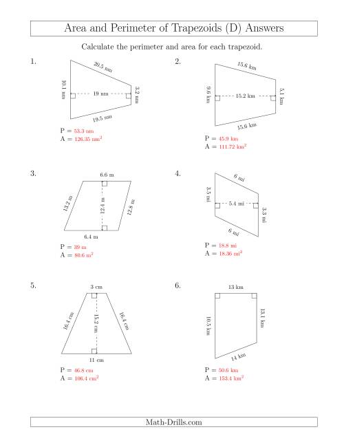 The Calculating the Perimeter and Area of Trapezoids (Smaller Numbers) (D) Math Worksheet Page 2