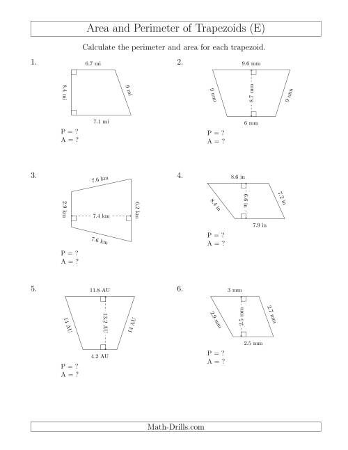 The Calculating the Perimeter and Area of Trapezoids (Smaller Numbers) (E) Math Worksheet